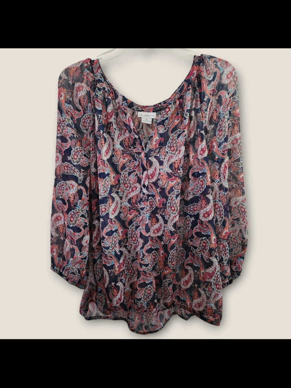 Liz Claiborne Shirt A navy/rust paisley sheer boho style blouse